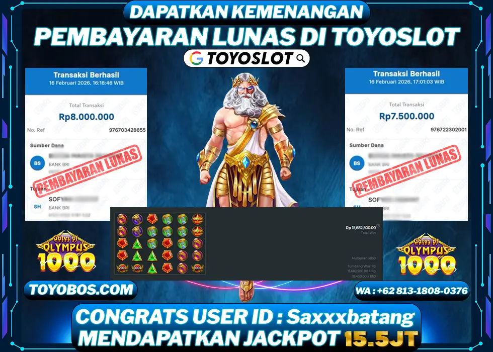 TOYOSLOT - BUKTI KEMENANGAN JACKPOT Gates of Olympus 1000 Rp15,500,000,- LUNAS